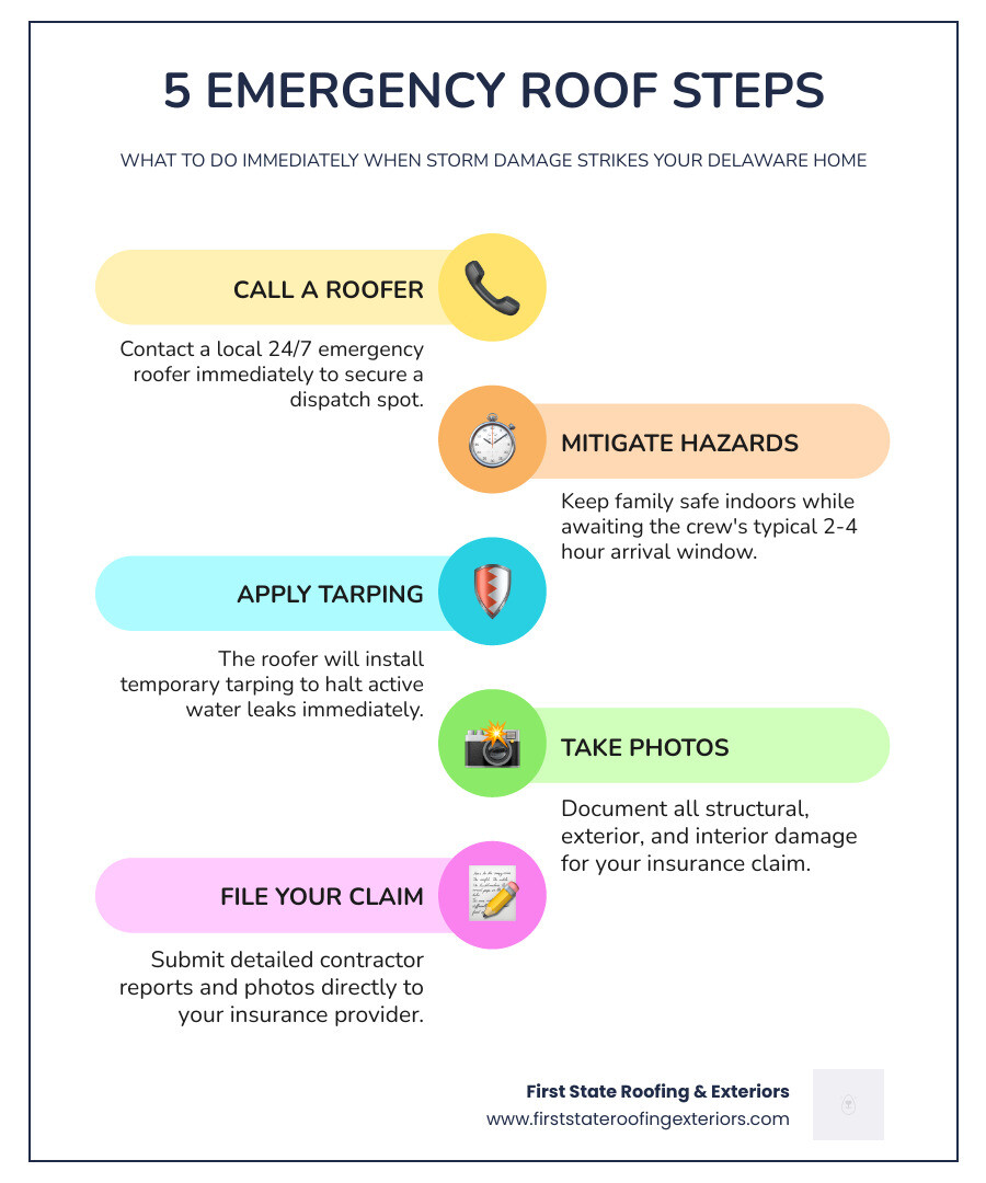 Infographic showing 5 immediate steps to take when you need a 24 hour roofer in Delaware infographic Infographic showing 5 immediate steps to take when you need a 24 hour roofer in Delaware infographic