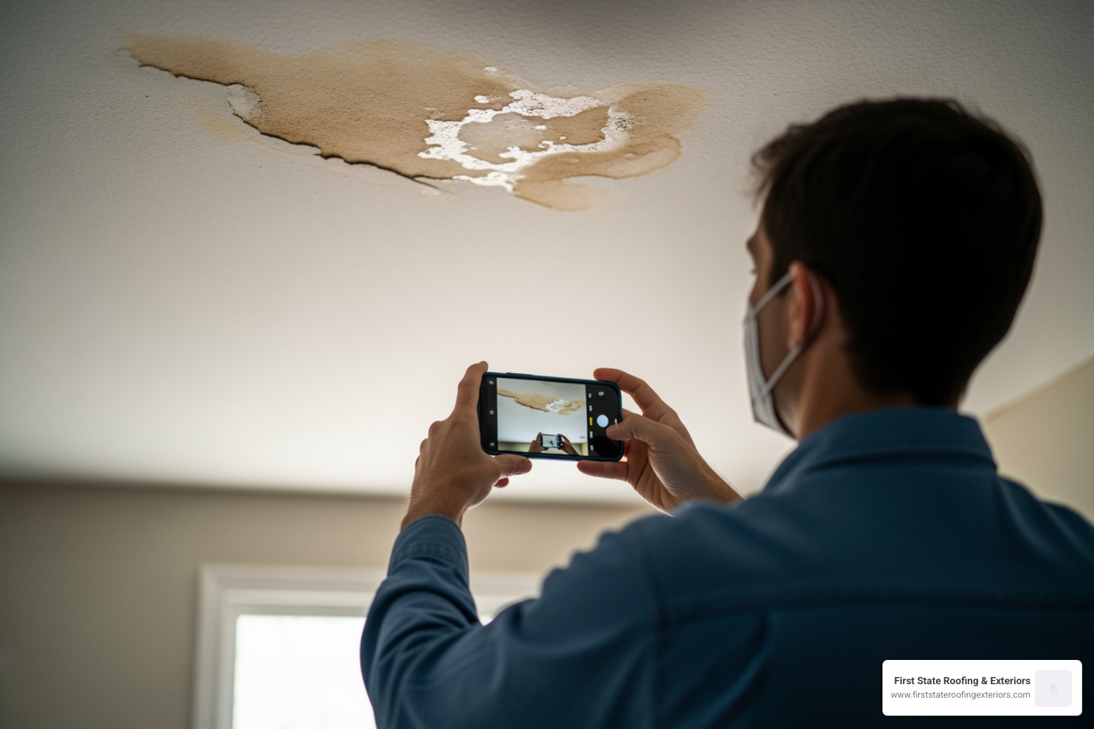 Homeowner safely photographing ceiling damage from a secure distance inside the home Homeowner safely photographing ceiling damage from a secure distance inside the home