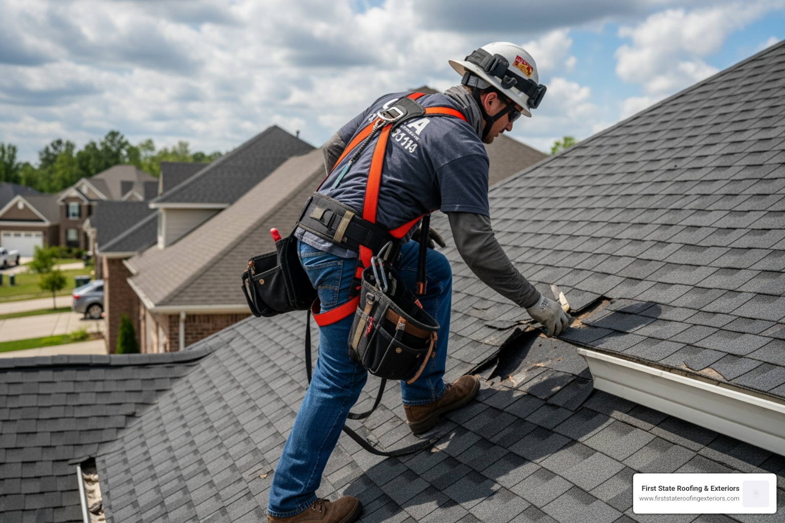 A certified roofer in a full OSHA-compliant safety harness inspecting wind damage A certified roofer in a full OSHA-compliant safety harness inspecting wind damage