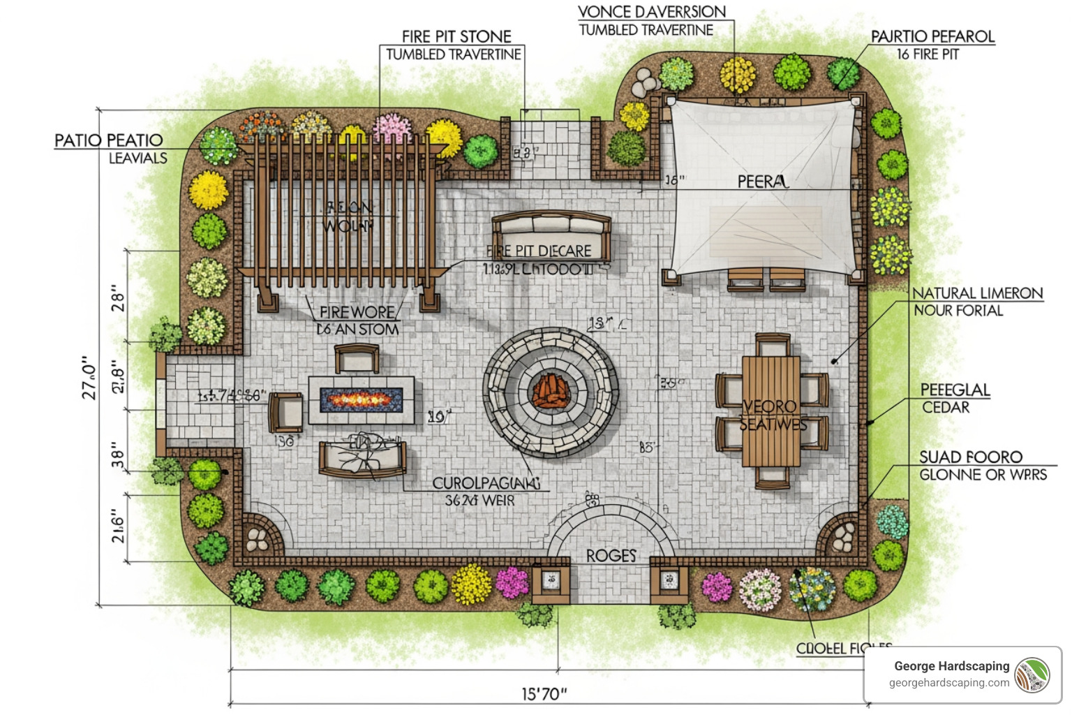 A professional backyard design blueprint showing layout and material specs