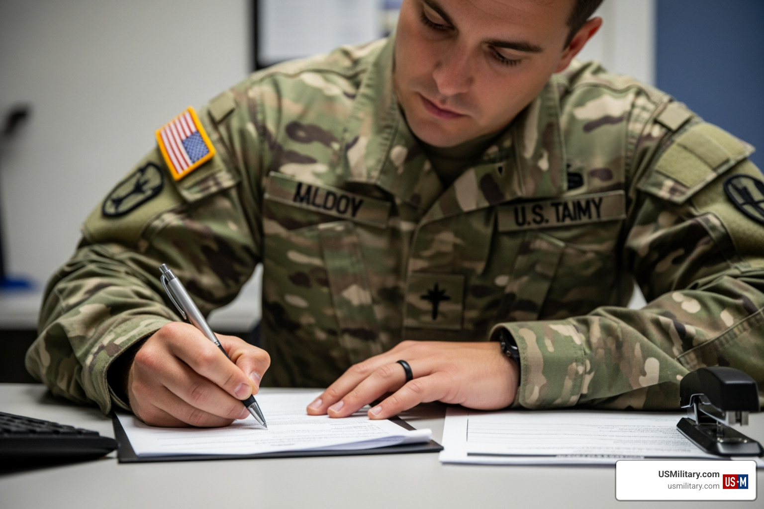 U.S. soldier in uniform filling out medical paperwork with a pen U.S. soldier in uniform filling out medical paperwork with a pen
