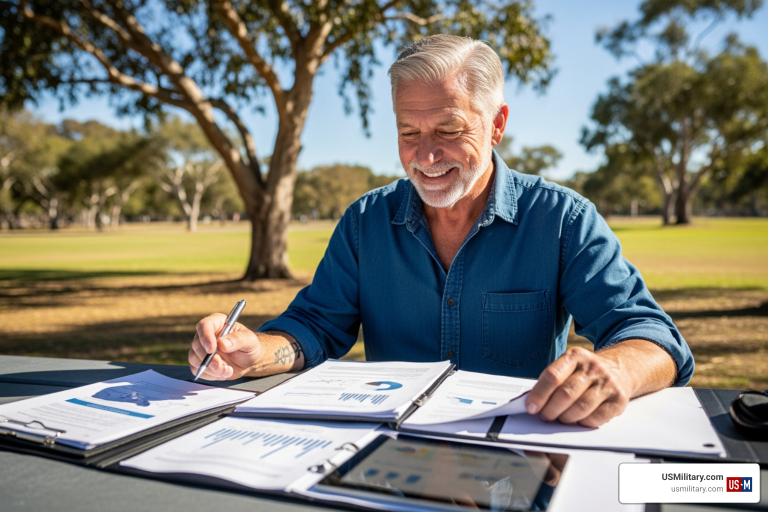 American veteran smiling while reviewing financial documents outdoors American veteran smiling while reviewing financial documents outdoors