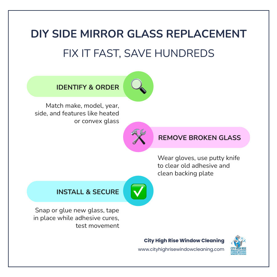 Infographic showing DIY vs professional side mirror glass replacement costs and step-by-step process overview infographic Infographic showing DIY vs professional side mirror glass replacement costs and step-by-step process overview infographic