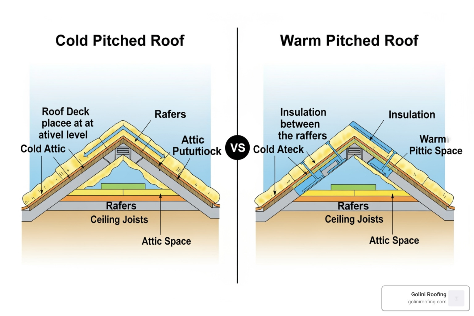 Diagram comparing cold pitched roof and warm pitched roof insulation methods Diagram comparing cold pitched roof and warm pitched roof insulation methods
