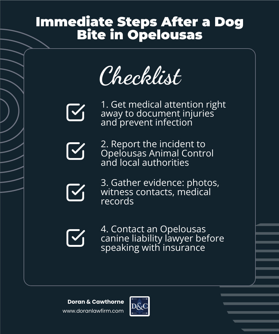 Opelousas dog bite immediate steps infographic showing report, seek care, document, call lawyer infographic Opelousas dog bite immediate steps infographic showing report, seek care, document, call lawyer infographic