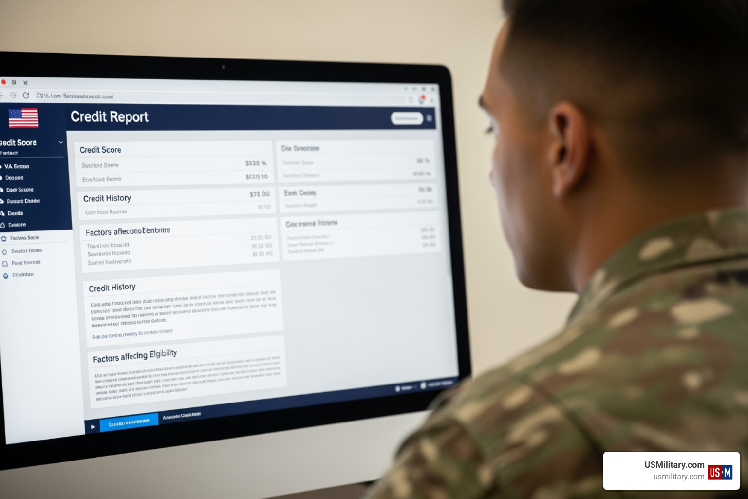 US military member reviewing credit score dashboard for VA loan eligibility US military member reviewing credit score dashboard for VA loan eligibility