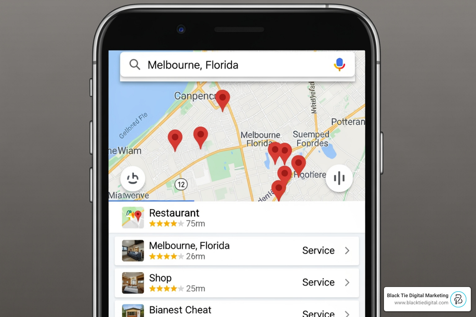 Local search map pack showing Melbourne FL businesses