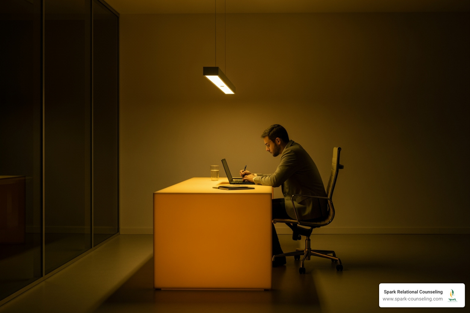 high achiever sitting alone at a glowing amber desk late at night