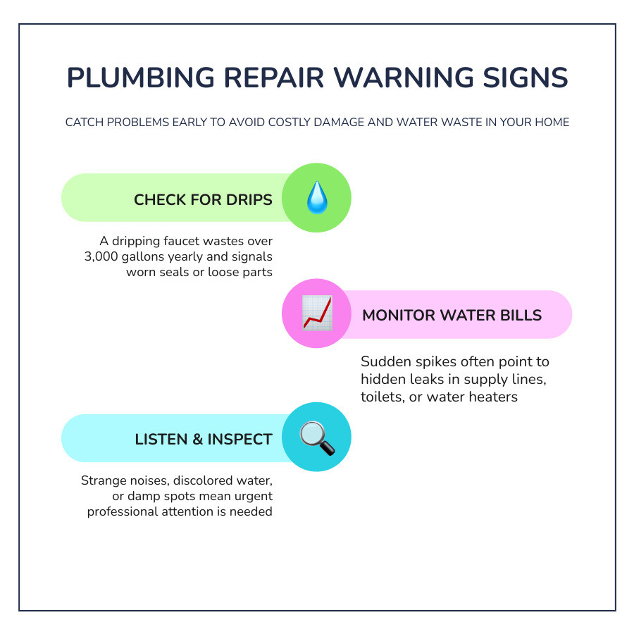 Infographic showing common plumbing repair issues, warning signs, DIY vs professional guide, and cost impact of delays