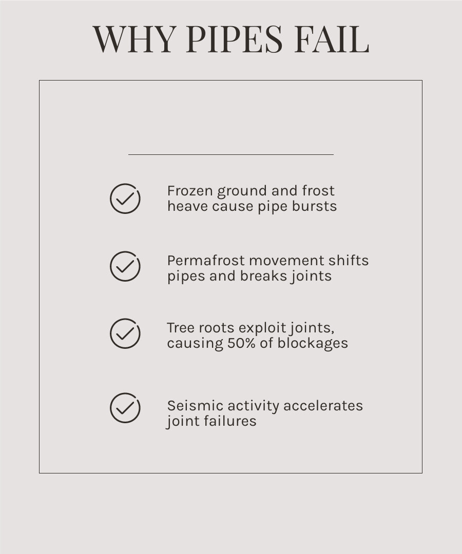 Infographic showing how sewer systems fail in Alaska cold climates, common causes, and repair options infographic