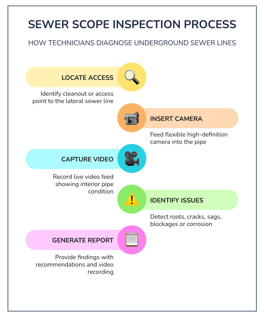 Infographic showing the sewer scope inspection process: camera insertion, live video feed, defect detection, and written
