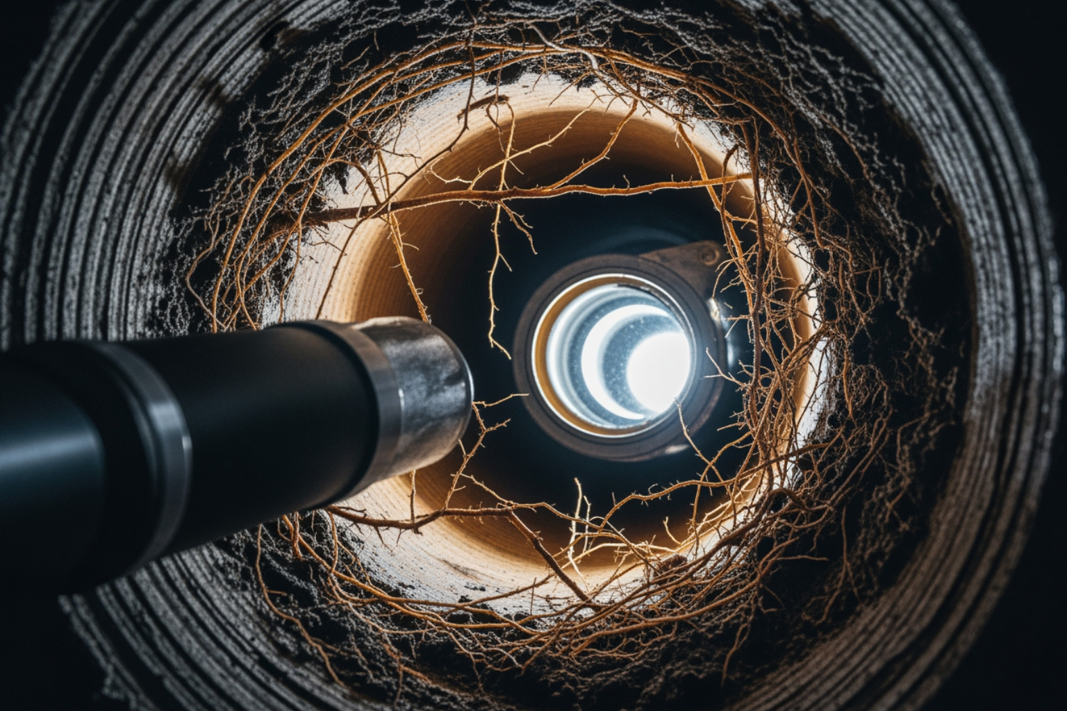 A high-definition sewer scope camera showing tree root intrusion inside a cracked sewer pipe
