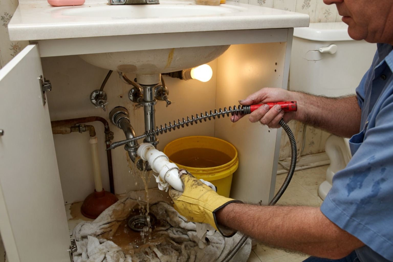plumbing technician preparing professional drain clearing equipment plumbing technician preparing professional drain clearing equipment