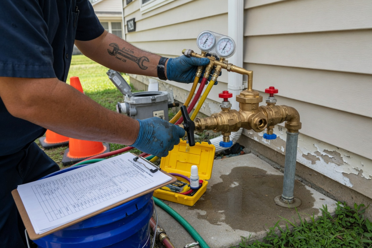 Technician examining a double check valve assembly on a commercial water line Technician examining a double check valve assembly on a commercial water line