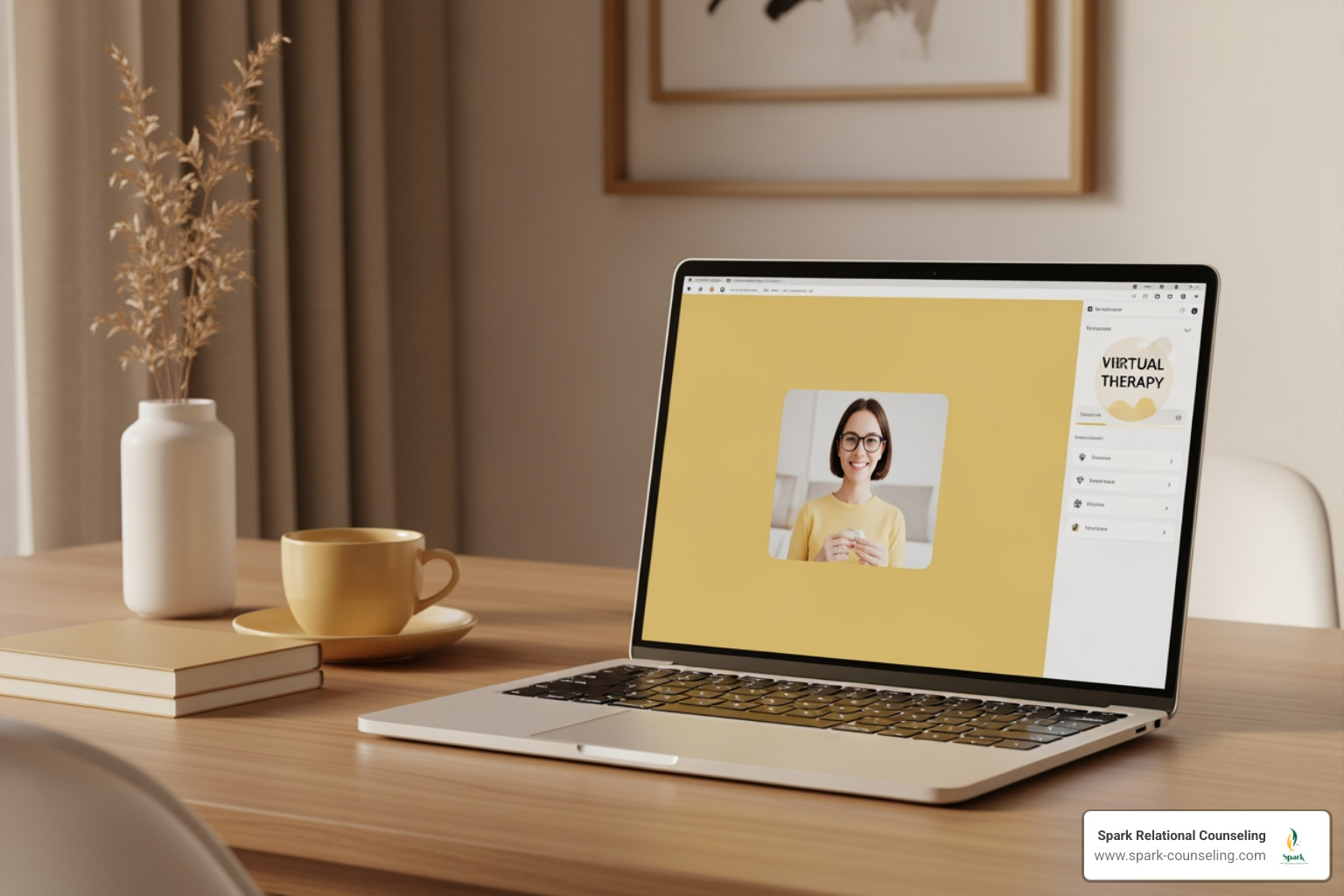 Minimalistic workspace with a muted yellow laptop screen showing a virtual therapy session Minimalistic workspace with a muted yellow laptop screen showing a virtual therapy session