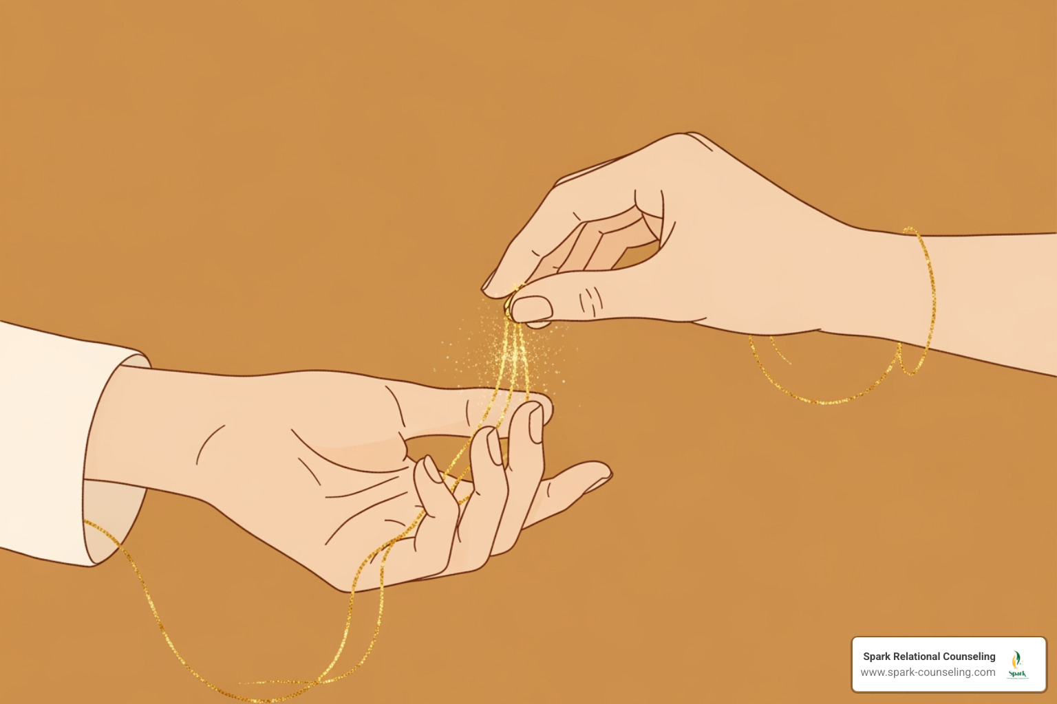 minimalist face-free illustration of two hands holding a golden thread in a muted amber palette minimalist face-free illustration of two hands holding a golden thread in a muted amber palette