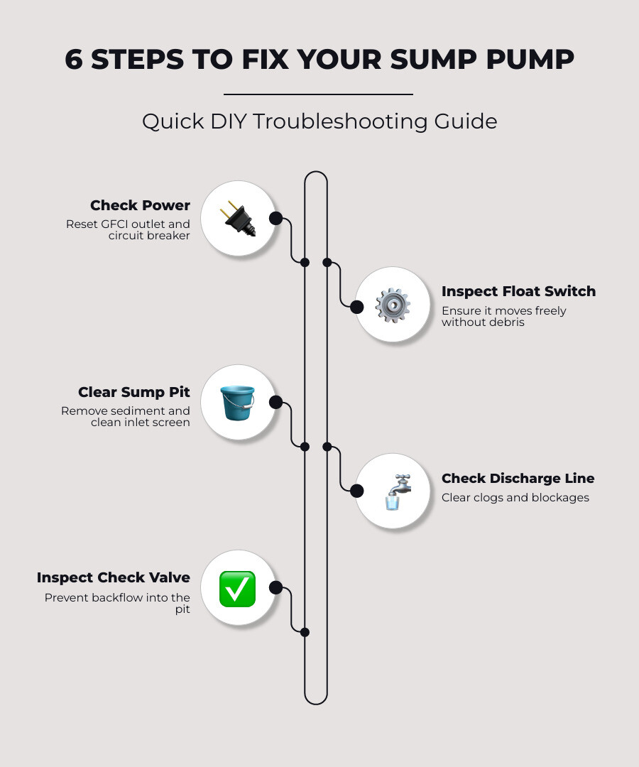 Infographic showing 6 steps to fix a sump pump: check power, inspect float switch, clear pit, test discharge line, check