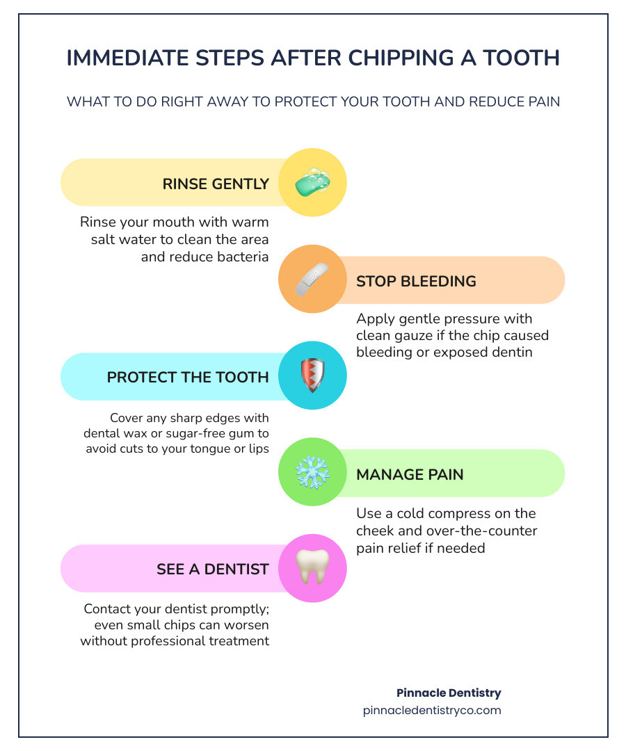 Infographic showing immediate steps after chipping a tooth and treatment options by severity infographic