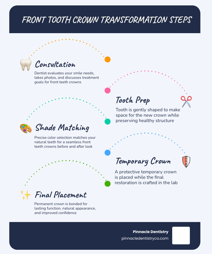 Infographic showing front teeth crown transformation steps: consultation, tooth prep, shade matching, temporary crown, final Infographic showing front teeth crown transformation steps: consultation, tooth prep, shade matching, temporary crown, final