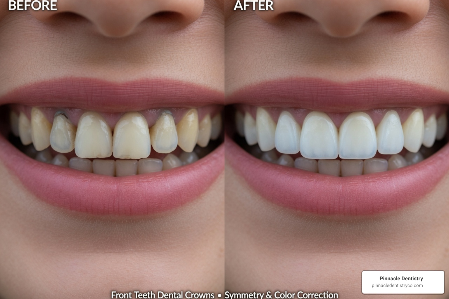 Before and after comparison of front teeth dental crowns showing symmetry and color correction Before and after comparison of front teeth dental crowns showing symmetry and color correction