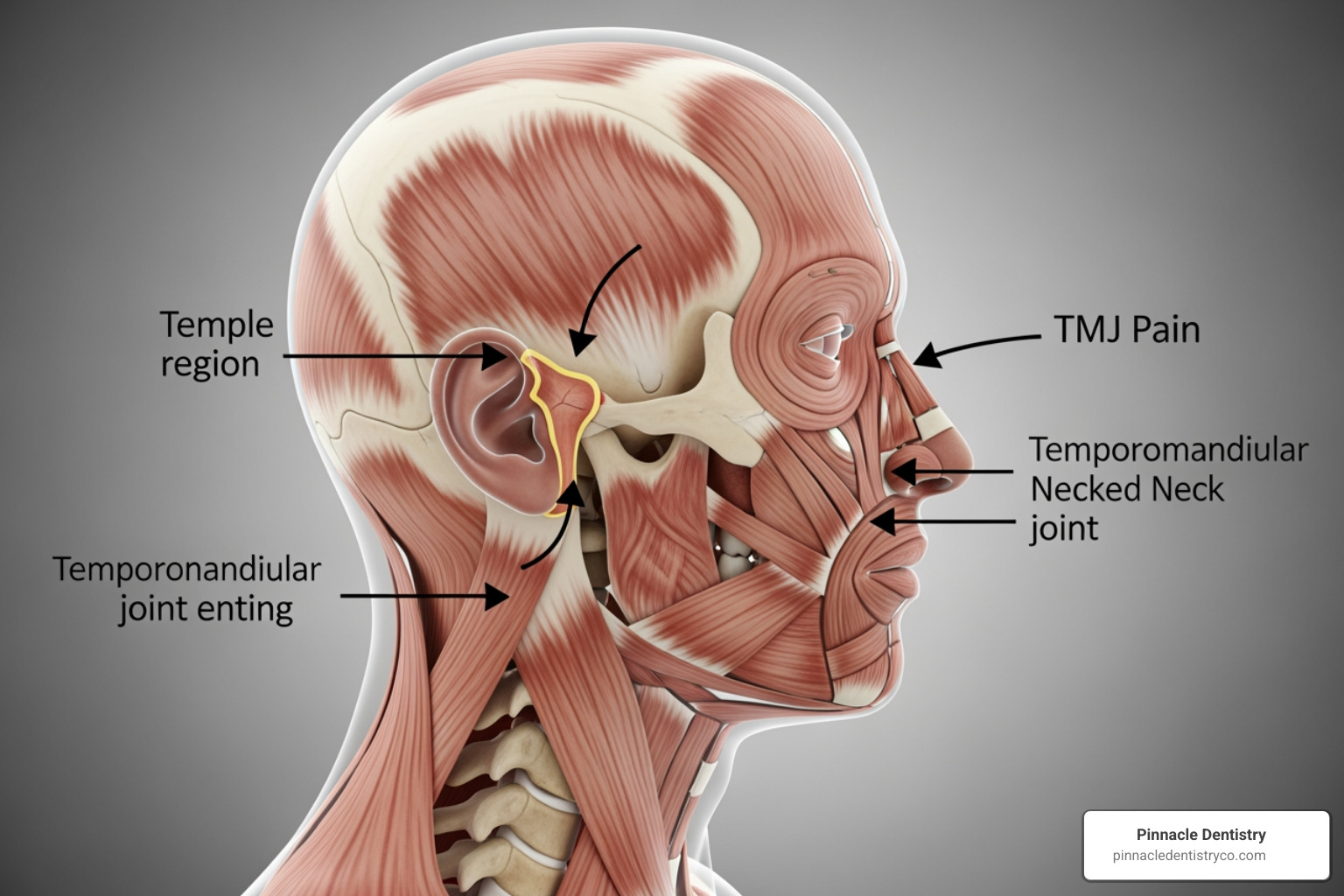 Anatomical diagram pointing to TMJ pain areas including the temple, jaw joint, and neck muscles
