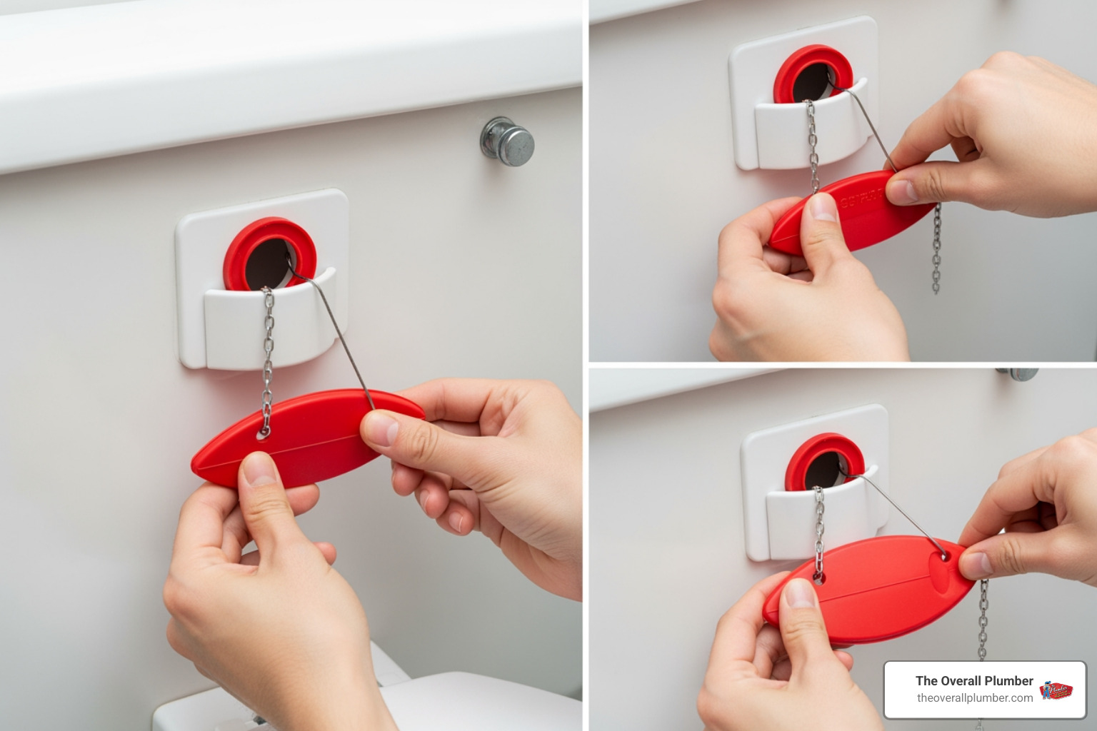 Step-by-step process of installing a new red rubber flapper in a clean toilet tank