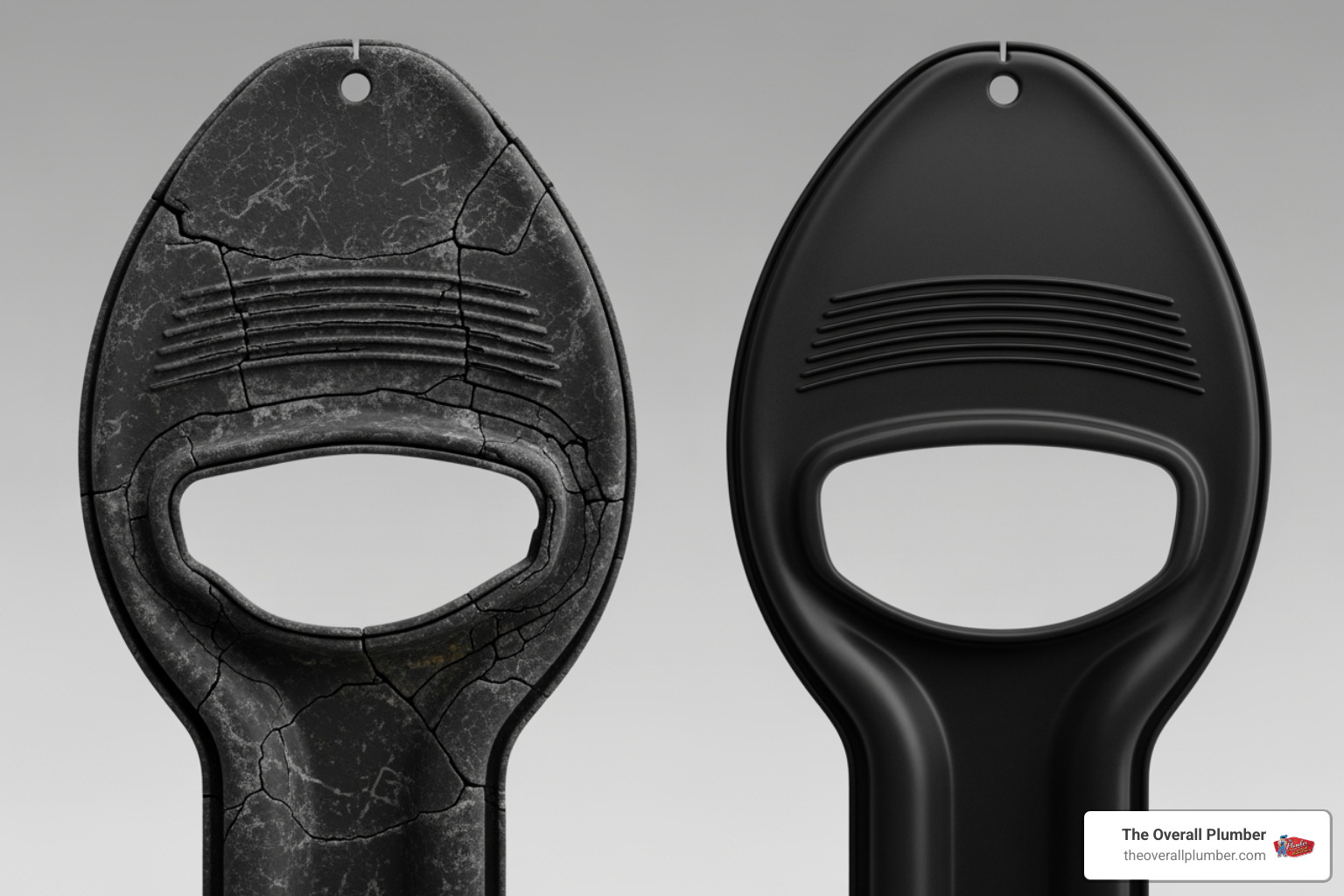 A warped and decayed rubber flapper next to a clean new one