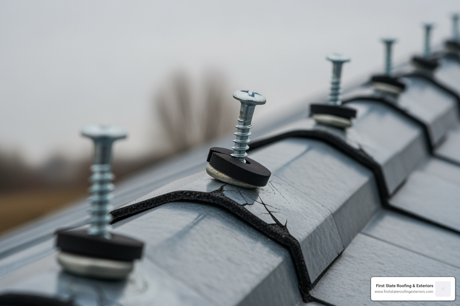 Backed-out roofing screws with degraded neoprene washers on a metal roof ridge cap