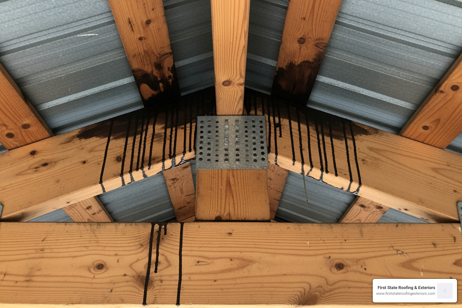 Water stains on attic rafters directly beneath the metal roof peak