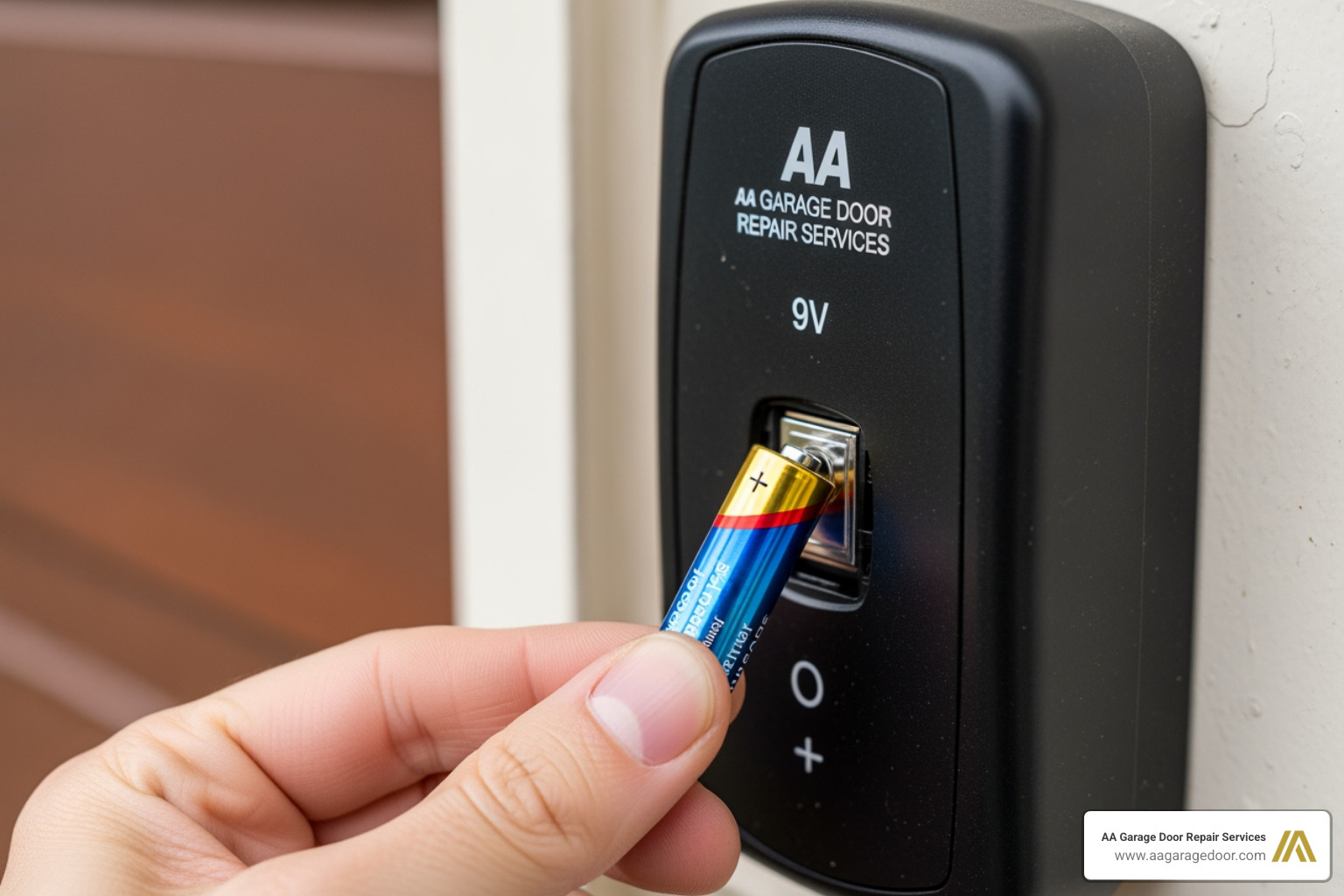 Hand replacing a 9V battery in an exterior wireless garage door keypad