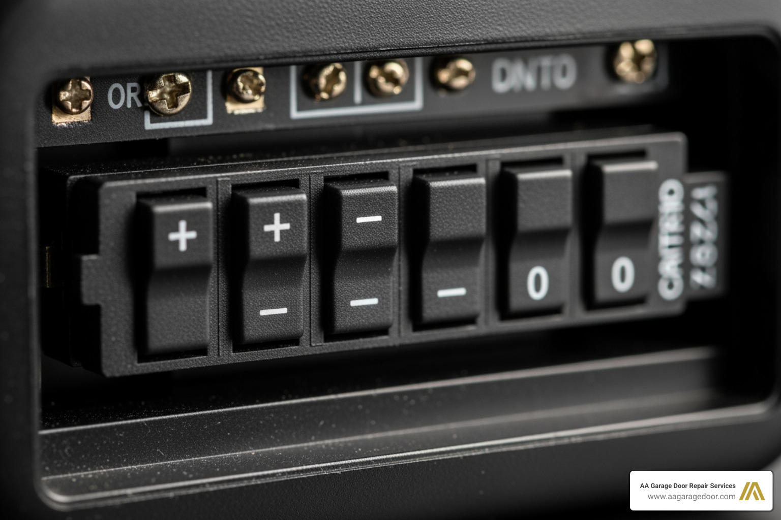 Close up of manual DIP switches inside an old garage door remote control transmitter