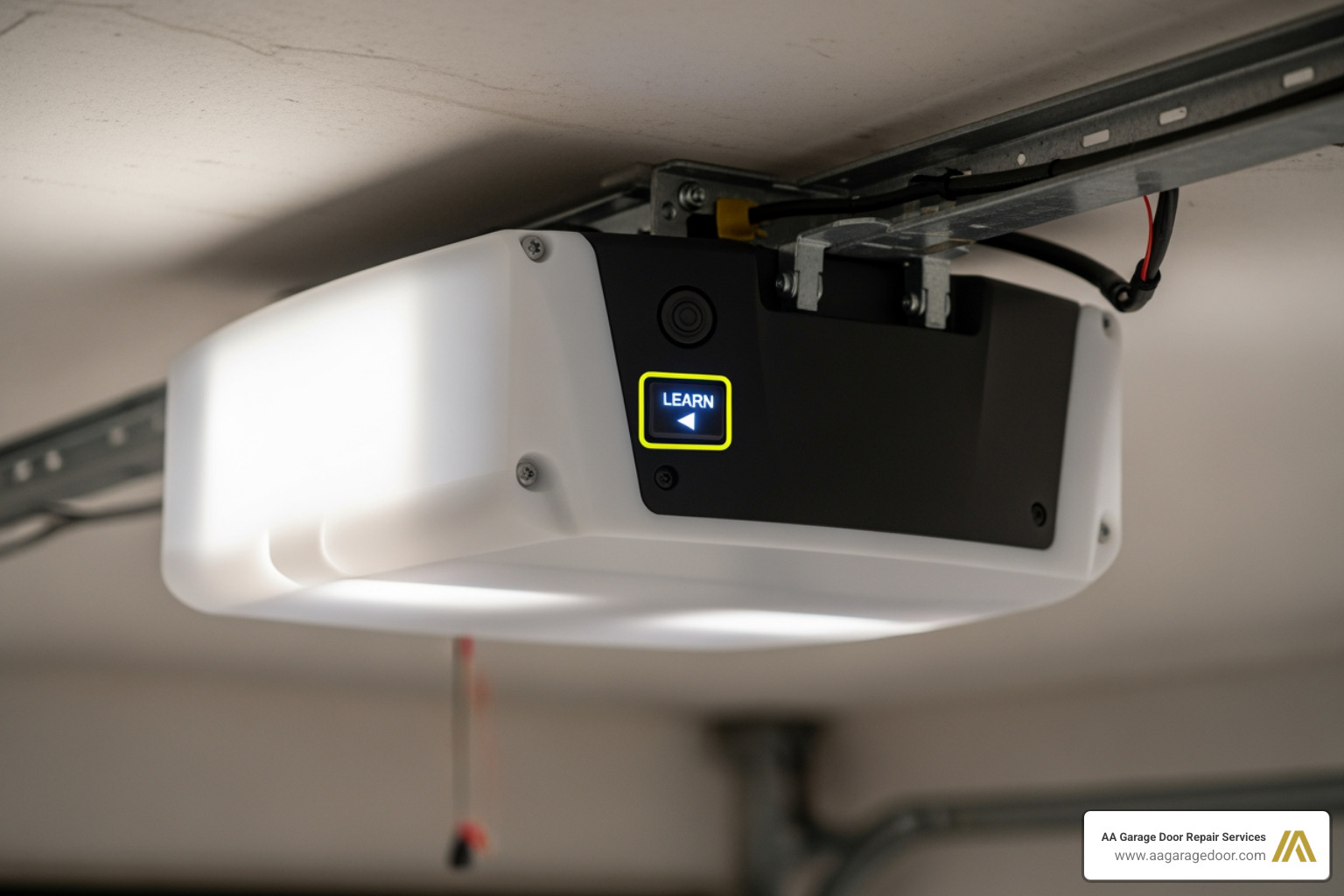 Garage door opener motor unit with highlighted Learn button on the back panel