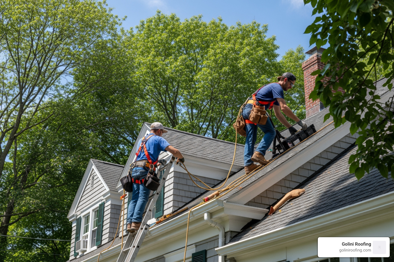 Professional gutter installers working on a roofline in Winchester Professional gutter installers working on a roofline in Winchester