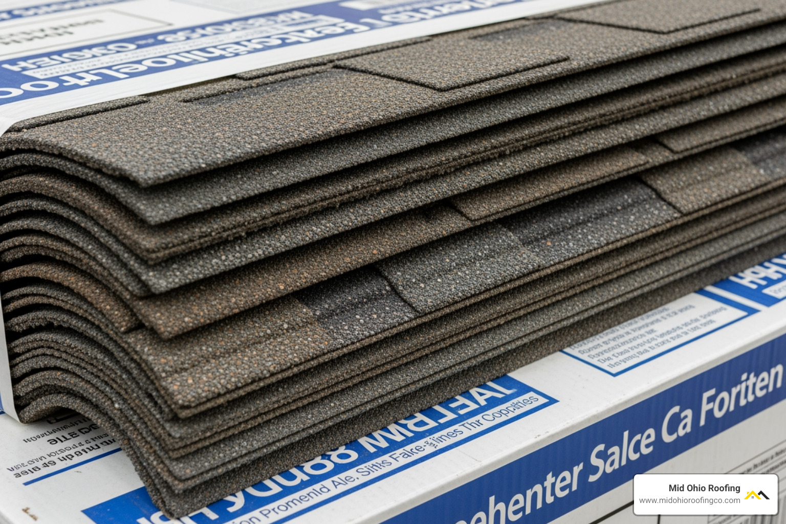 Bundle of 3-tab shingles showing flat profile and packaging details Bundle of 3-tab shingles showing flat profile and packaging details