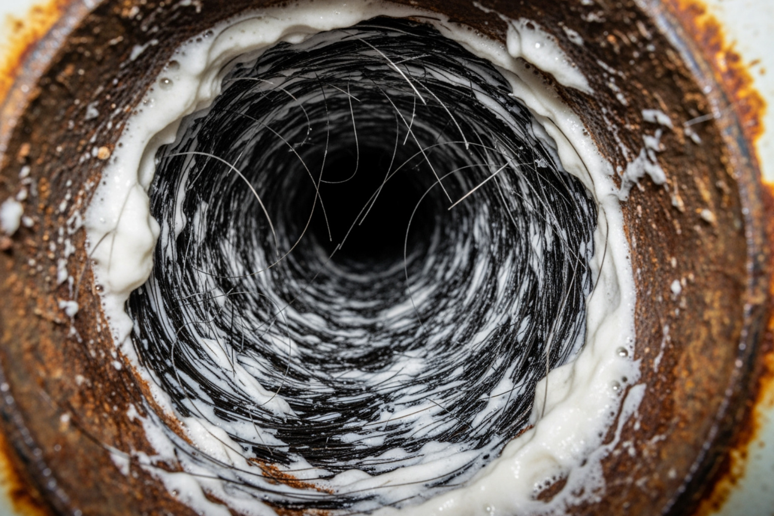 hair and soap scum buildup in a pipe