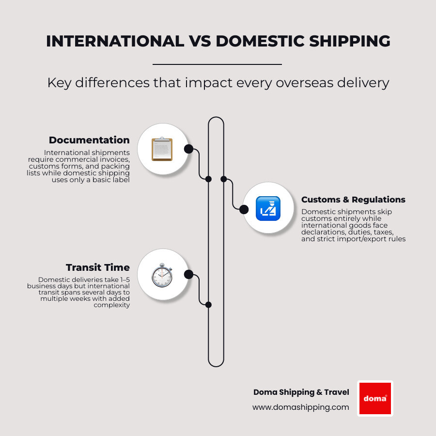 Infographic comparing domestic vs international shipping across customs, transit time, documentation, and regulations Infographic comparing domestic vs international shipping across customs, transit time, documentation, and regulations