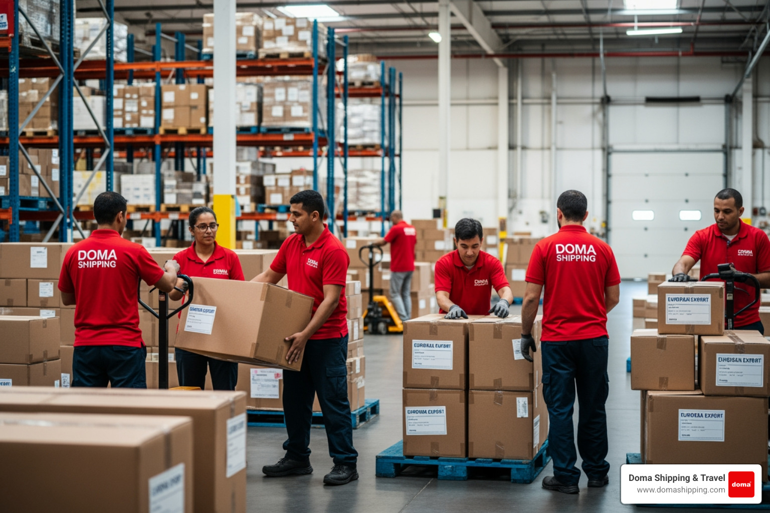 Doma Shipping professional workers in red uniforms loading packages for European export at a warehouse in Melrose Park, IL Doma Shipping professional workers in red uniforms loading packages for European export at a warehouse in Melrose Park, IL