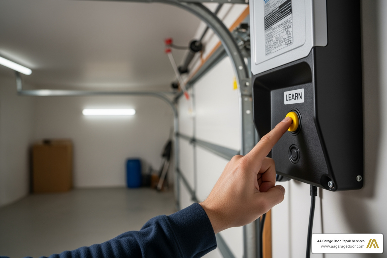homeowner pressing the learn button on a garage door opener motor