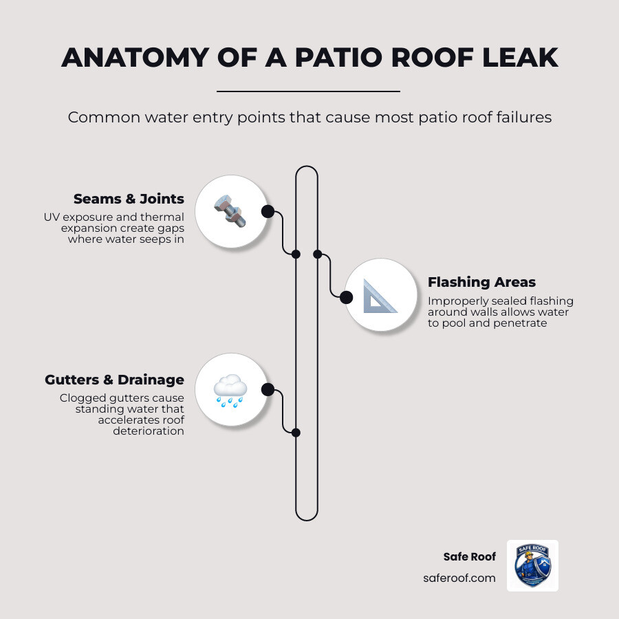 Infographic showing anatomy of a patio roof leak: water entry points at seams, flashing, and gutters, with repair steps