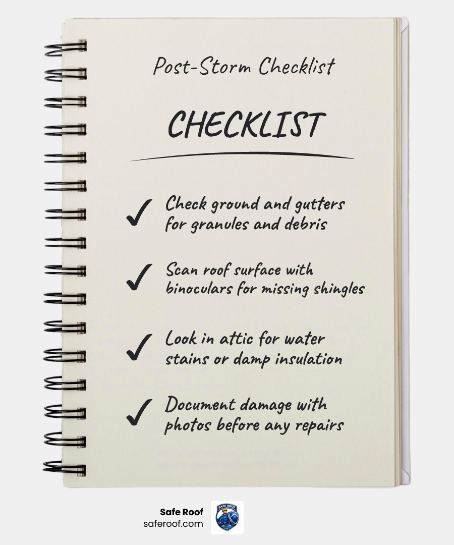 Post-storm roof inspection checklist infographic: 5 key steps from ground check to professional assessment infographic Post-storm roof inspection checklist infographic: 5 key steps from ground check to professional assessment infographic