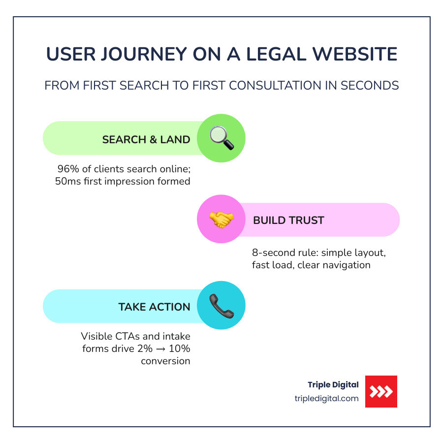User journey on a legal website: search → land on site → build trust → contact firm infographic User journey on a legal website: search → land on site → build trust → contact firm infographic