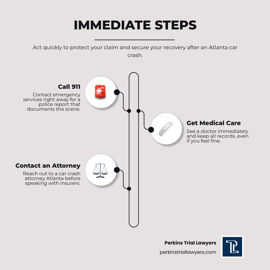 Steps to take after a car crash in Atlanta: call 911, get medical care, document the scene, contact an attorney infographic Steps to take after a car crash in Atlanta: call 911, get medical care, document the scene, contact an attorney infographic