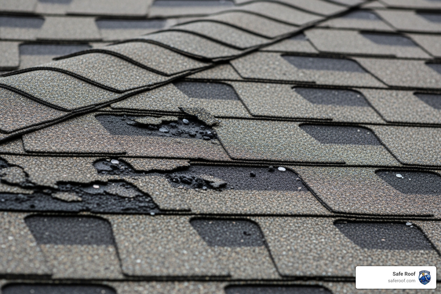 Close-up of hail-damaged asphalt shingles showing granule loss