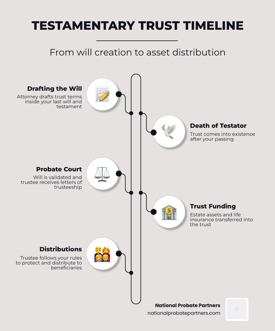 Testamentary trust timeline from will creation through probate to trust funding and distribution infographic Testamentary trust timeline from will creation through probate to trust funding and distribution infographic