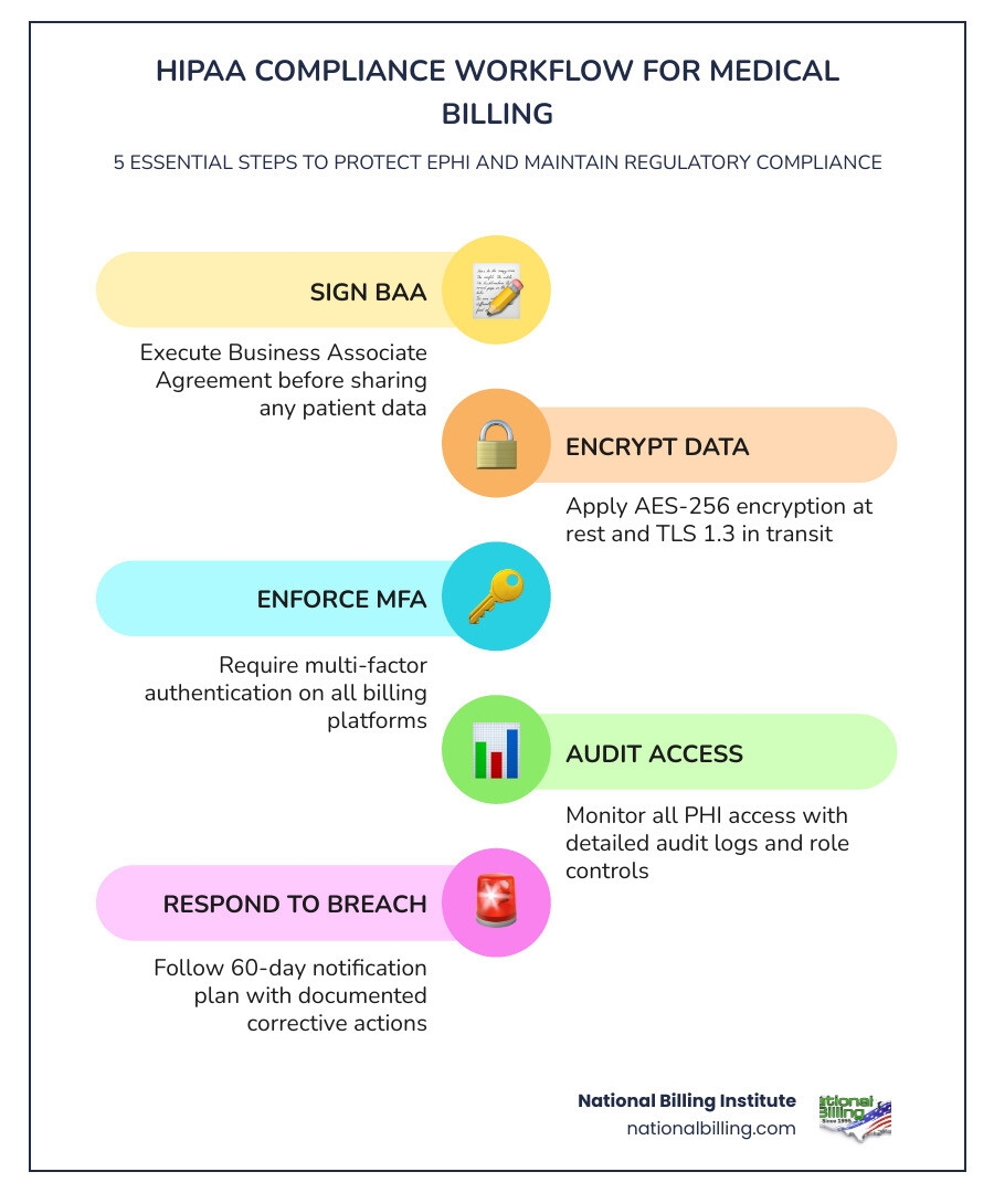 HIPAA compliant medical billing workflow infographic showing BAA, encryption, MFA, audit logs, and breach notification steps