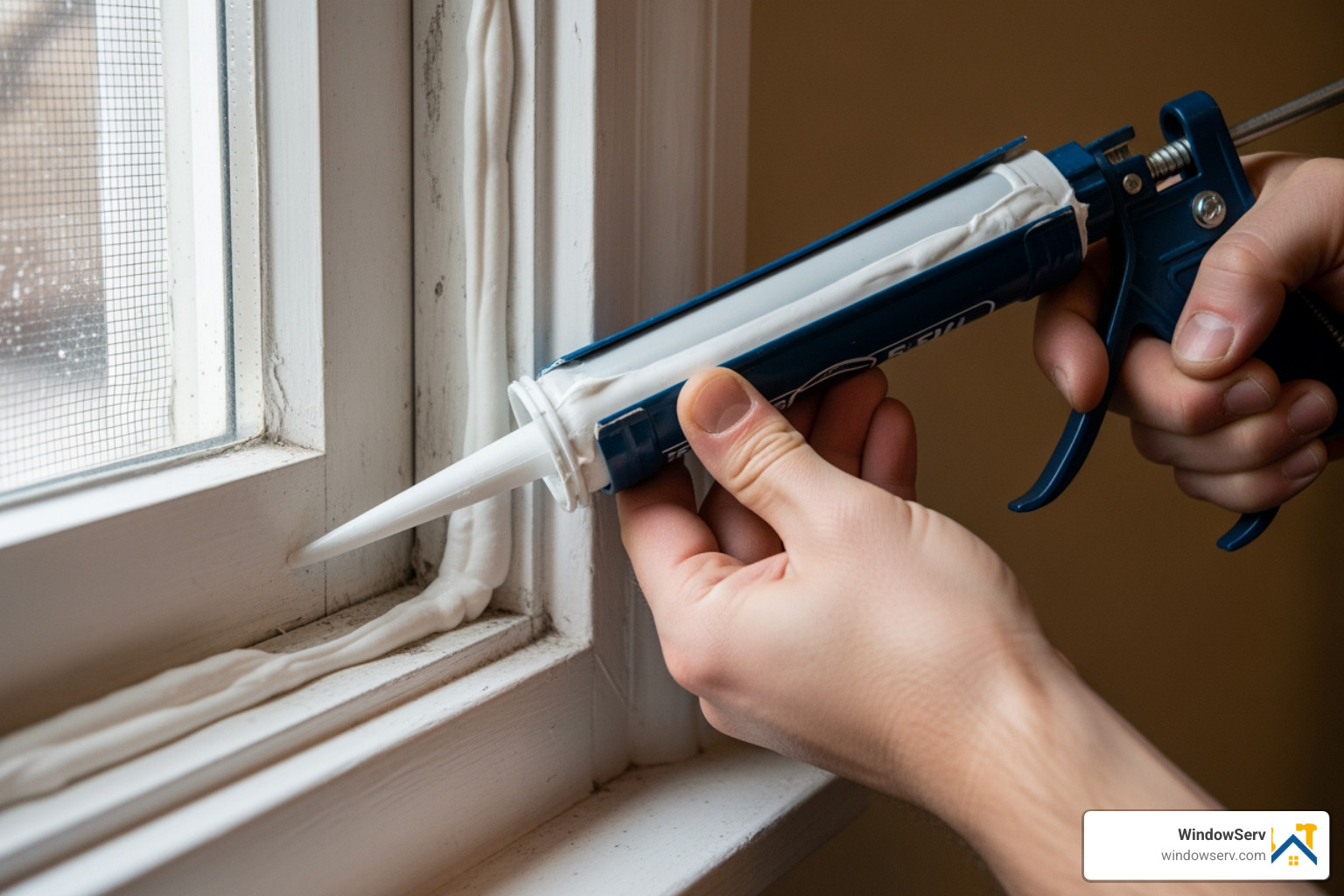 drafty window being sealed with caulk gun drafty window being sealed with caulk gun