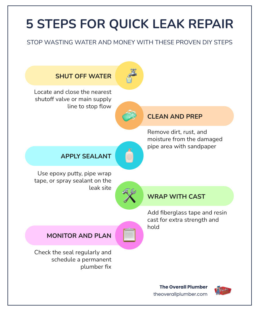 5-step quick leak repair process with water waste stats and repair methods infographic 5-step quick leak repair process with water waste stats and repair methods infographic