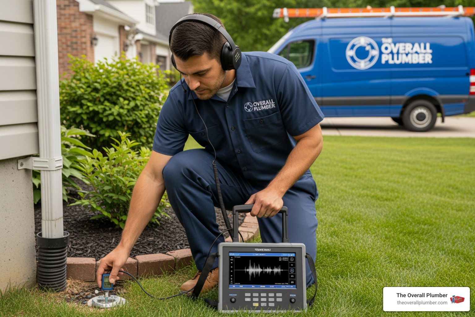 professional plumber using acoustic leak detection equipment professional plumber using acoustic leak detection equipment