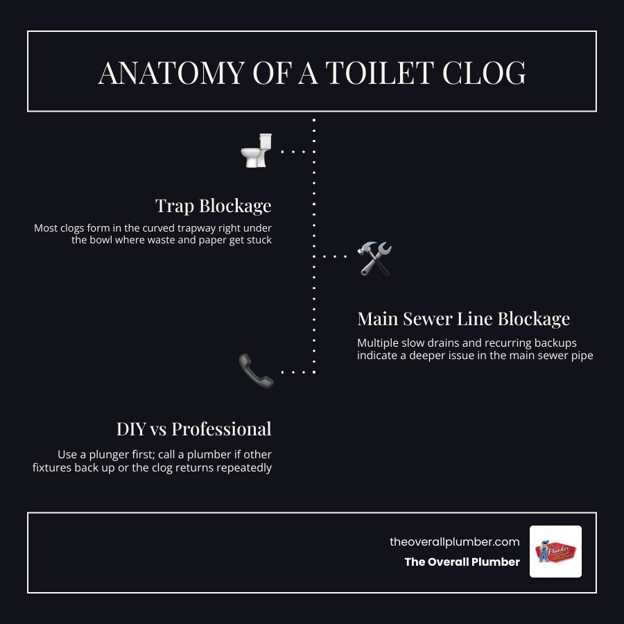 Infographic showing anatomy of a toilet clog: trap blockage, main sewer line blockage, causes, and when to DIY vs call a Infographic showing anatomy of a toilet clog: trap blockage, main sewer line blockage, causes, and when to DIY vs call a