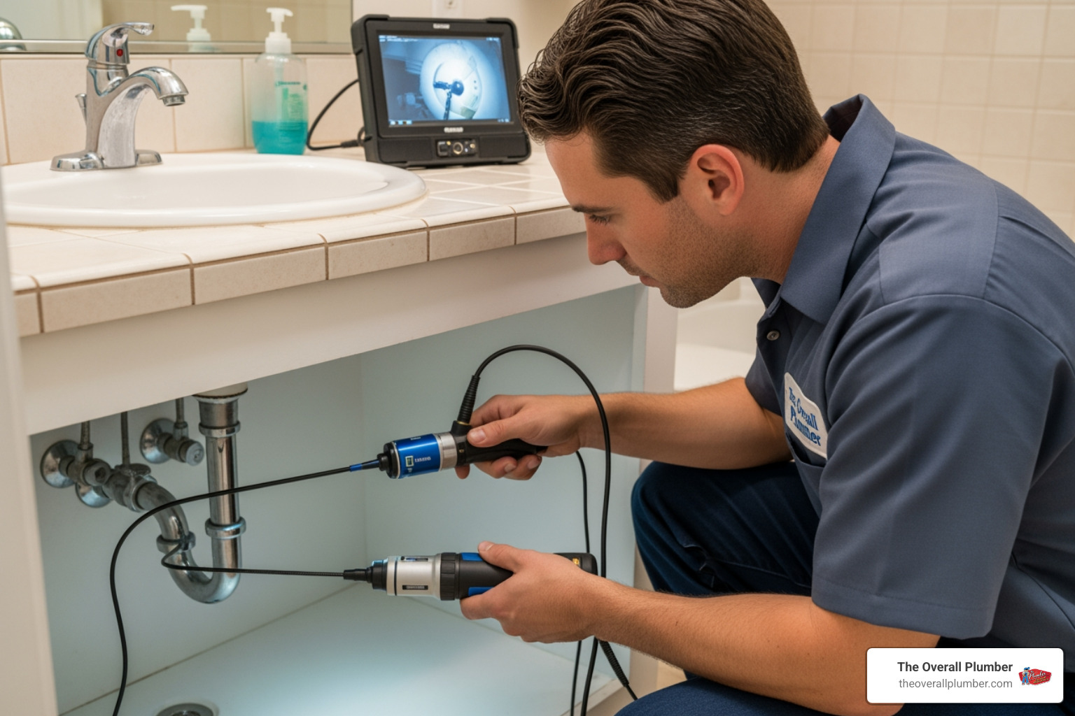 Professional plumber inspecting a bathroom drain line with specialized tools Professional plumber inspecting a bathroom drain line with specialized tools